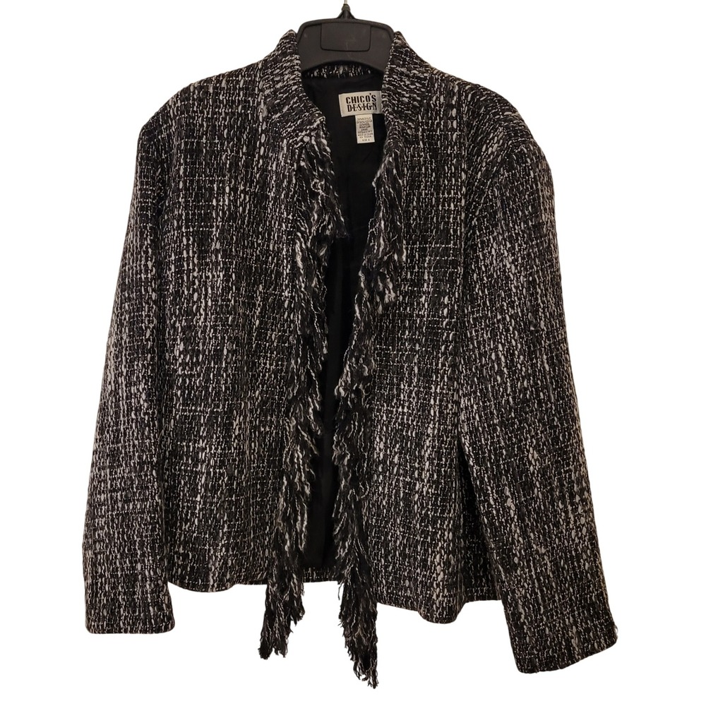 Chicos Design Black White Tweed Fringe Jacket Blazer Women Size 2